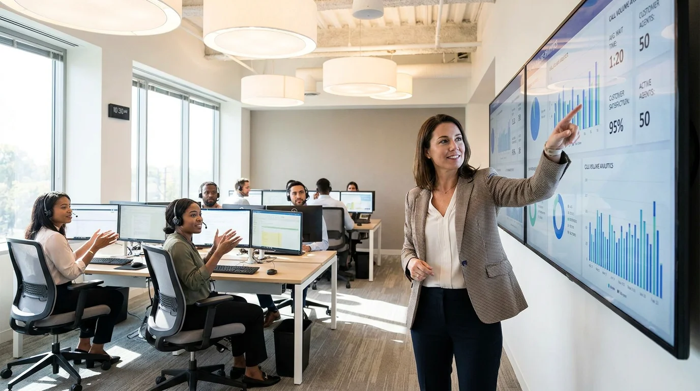 Small business team reviewing cloud VoIP call analytics on a modern office dashboard