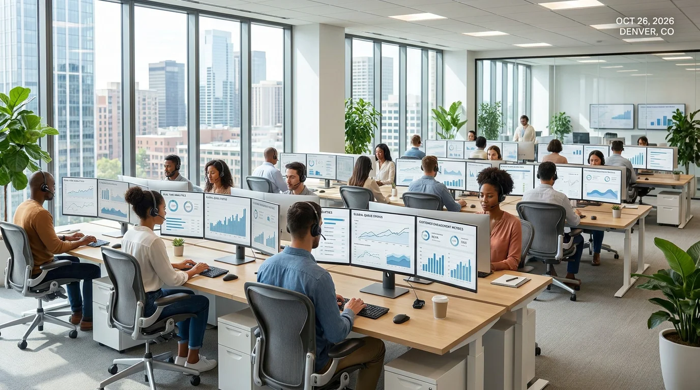 Modern US call center team using cloud-based software with analytics dashboards