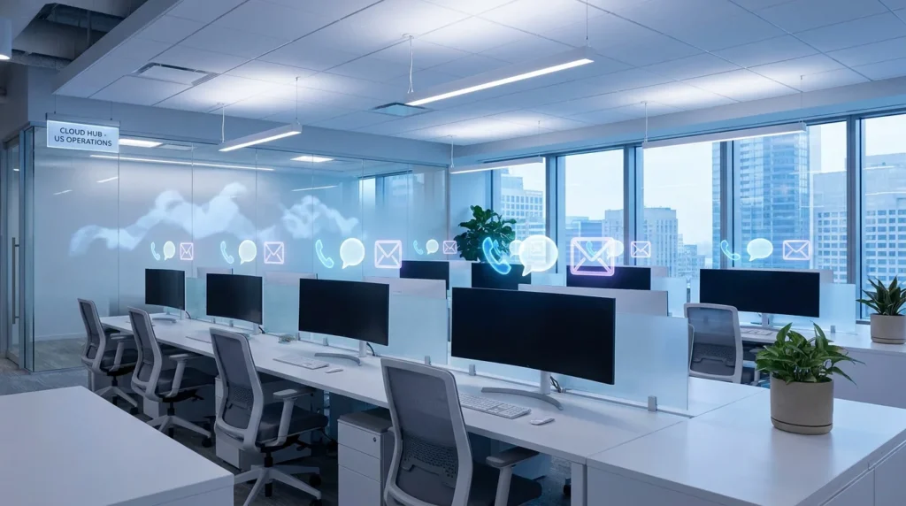 Modern cloud contact center office environment with omnichannel communication technology