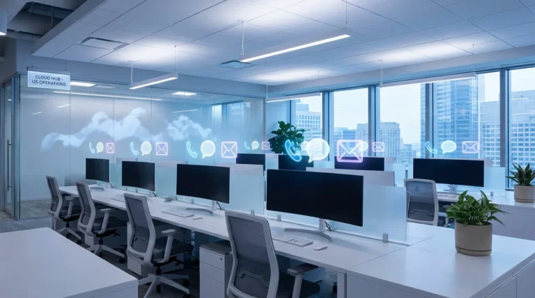 Modern cloud contact center office environment with omnichannel communication technology