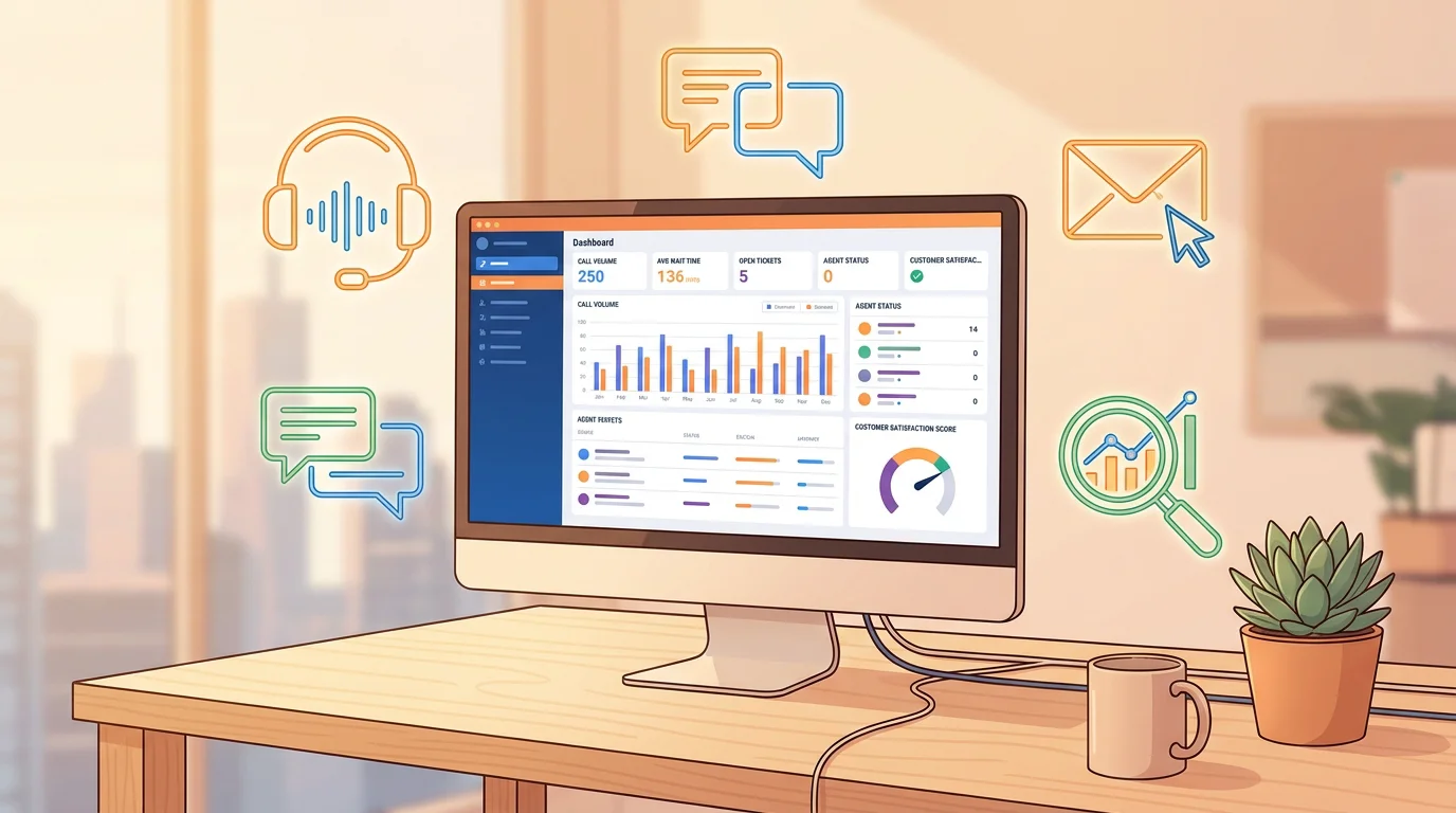 Cloud contact center software dashboard showing omnichannel communication icons for voice, chat, email, and analytics