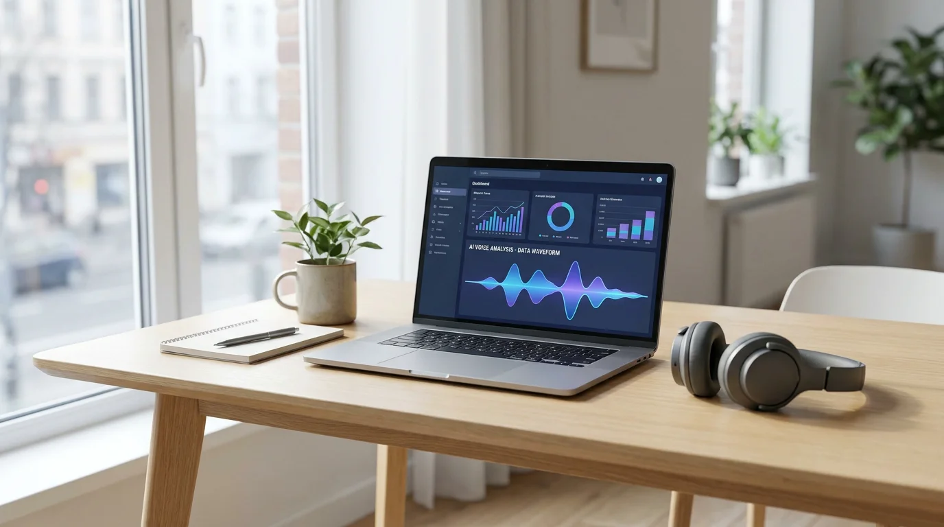 AI-powered contact center tools with headset and data analytics on a modern desk