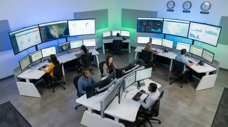 Modern cloud contact center command center with analytics displays and agents in a professional US office environment