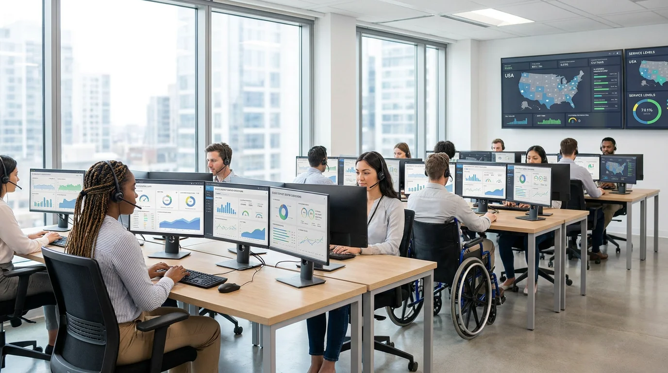Modern cloud contact center team working with headsets and analytics dashboards in a bright US office
