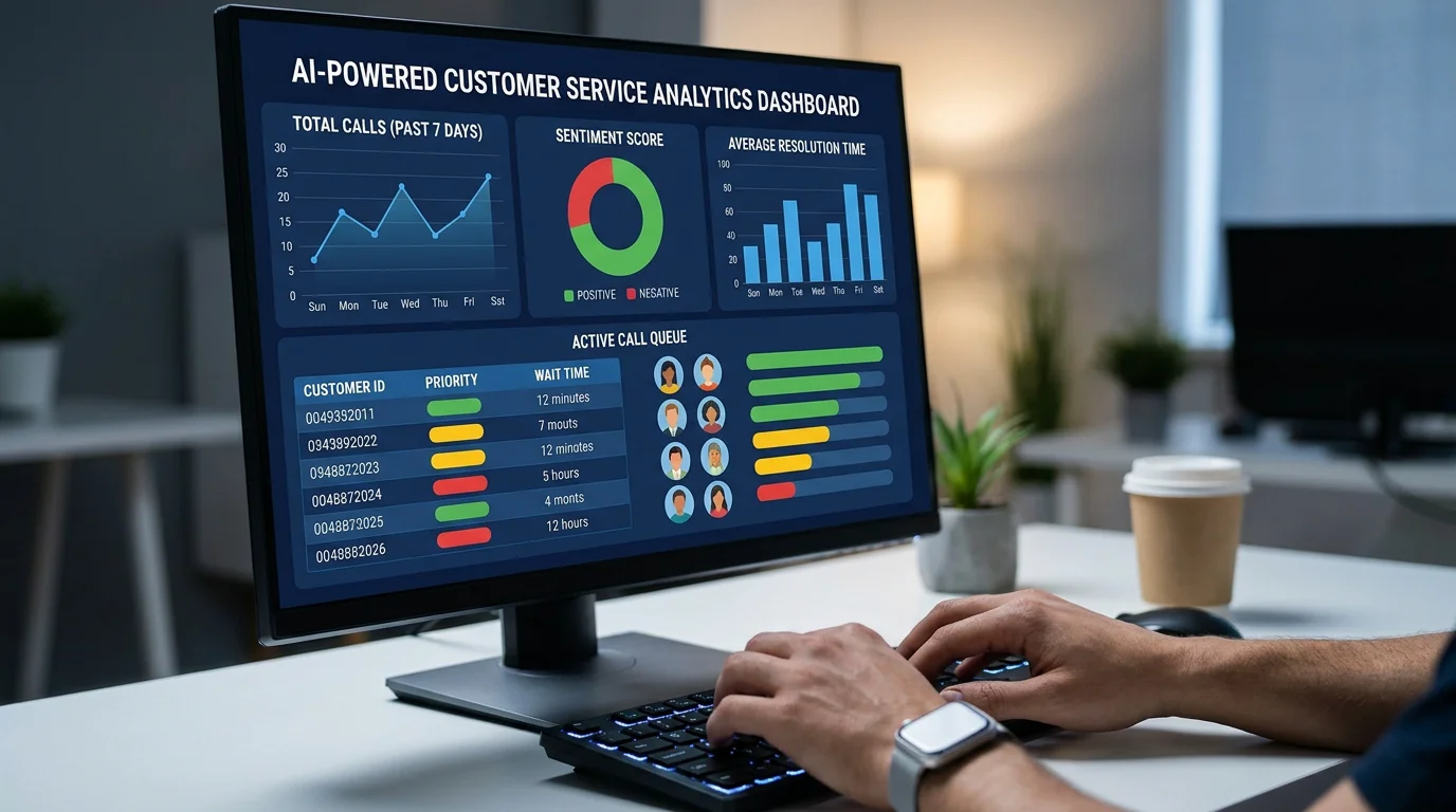 AI-powered contact center analytics dashboard showing real-time sentiment and call queue data