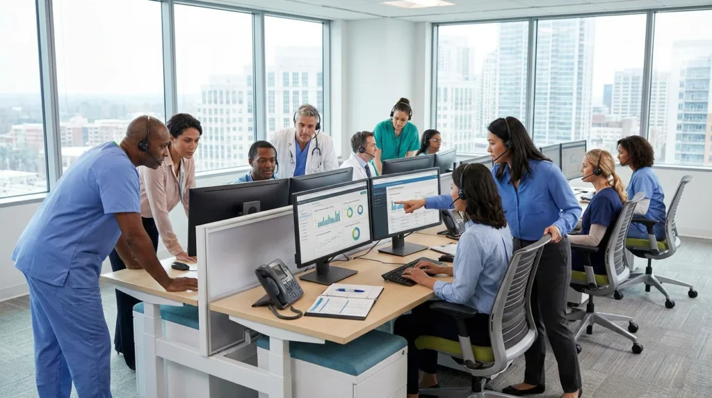Healthcare call center team using modern contact center software in a professional environment