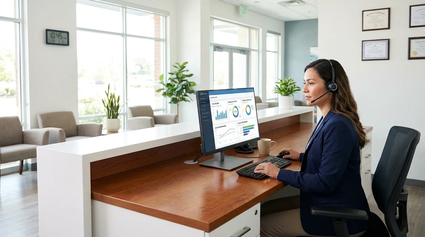 Healthcare administrator using call center software at a modern medical office reception desk