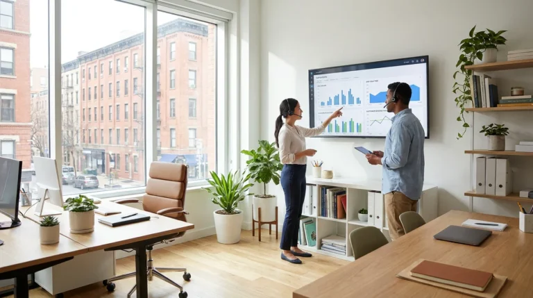 Small business team using call center software in a modern US office