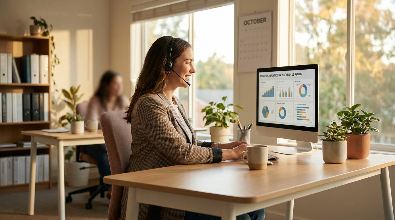 Small business customer service representative using call center software at a modern desk
