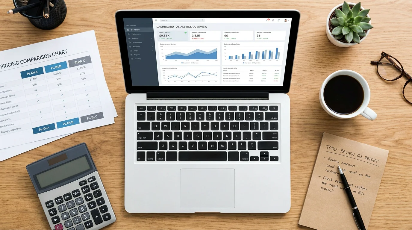 Flat lay of a desk with pricing comparison materials for call center software evaluation
