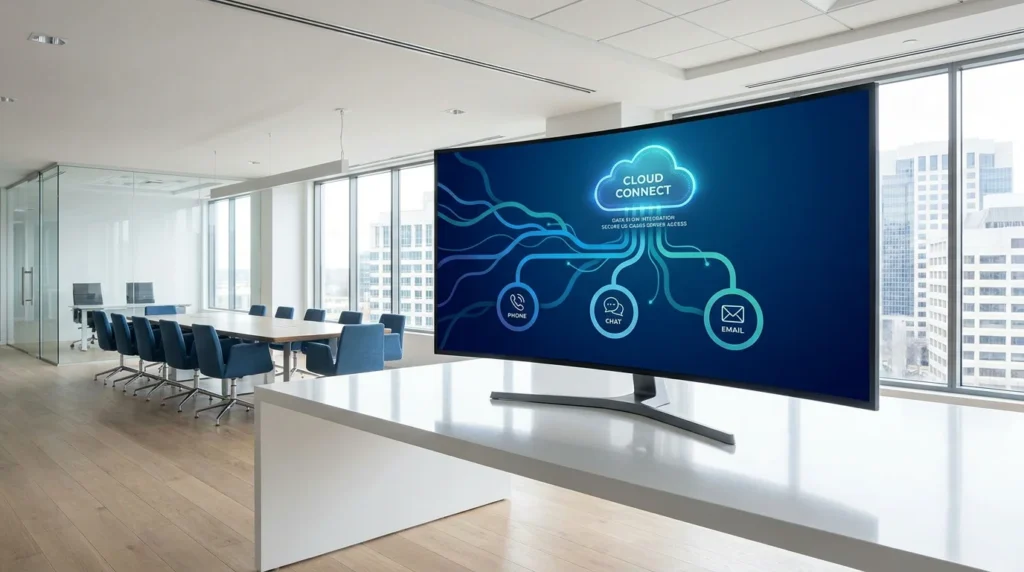 Modern office with cloud contact center software dashboard displaying communication channel integrations