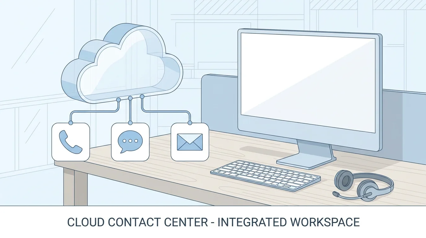 Illustration of cloud contact center software connecting multiple communication channels through a central cloud