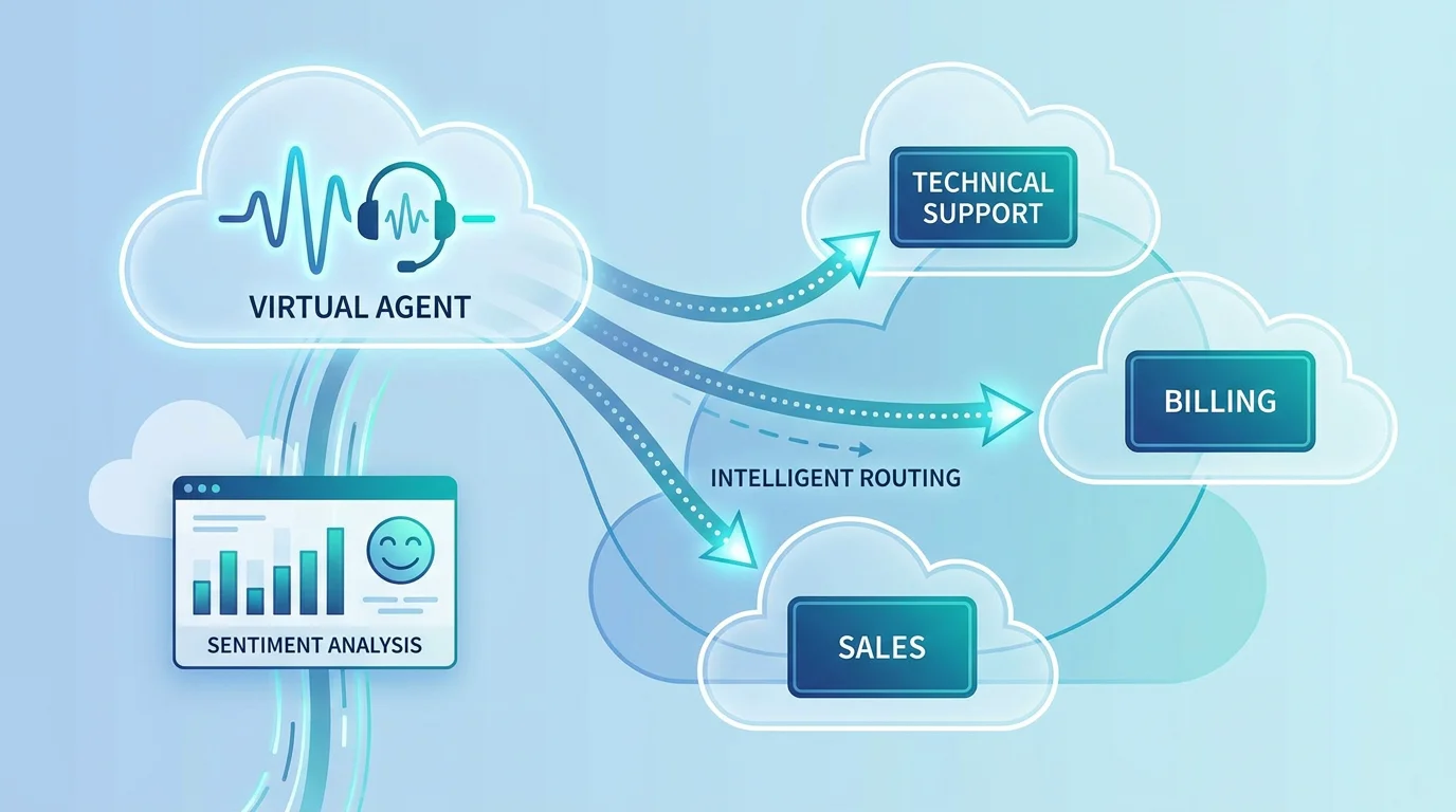 Illustration of AI-powered features in a cloud contact center workflow including virtual agents and analytics