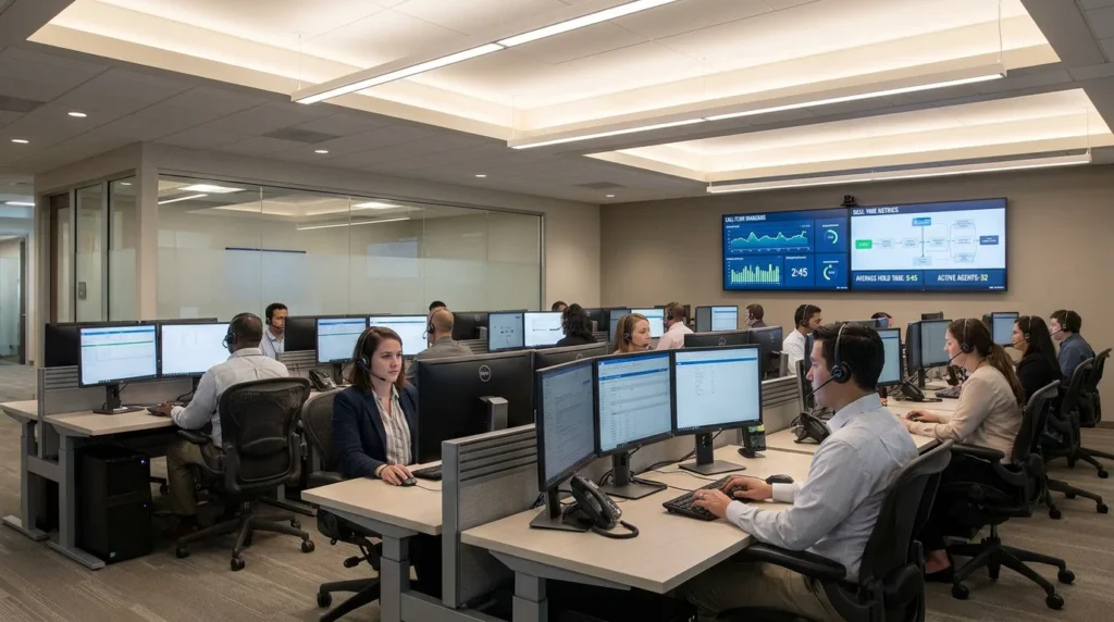 Modern automated call center office with agents and analytics displays