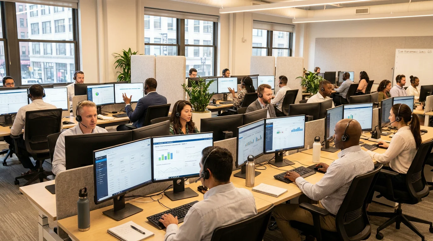 Customer service team using automated call center dashboards in a modern US office