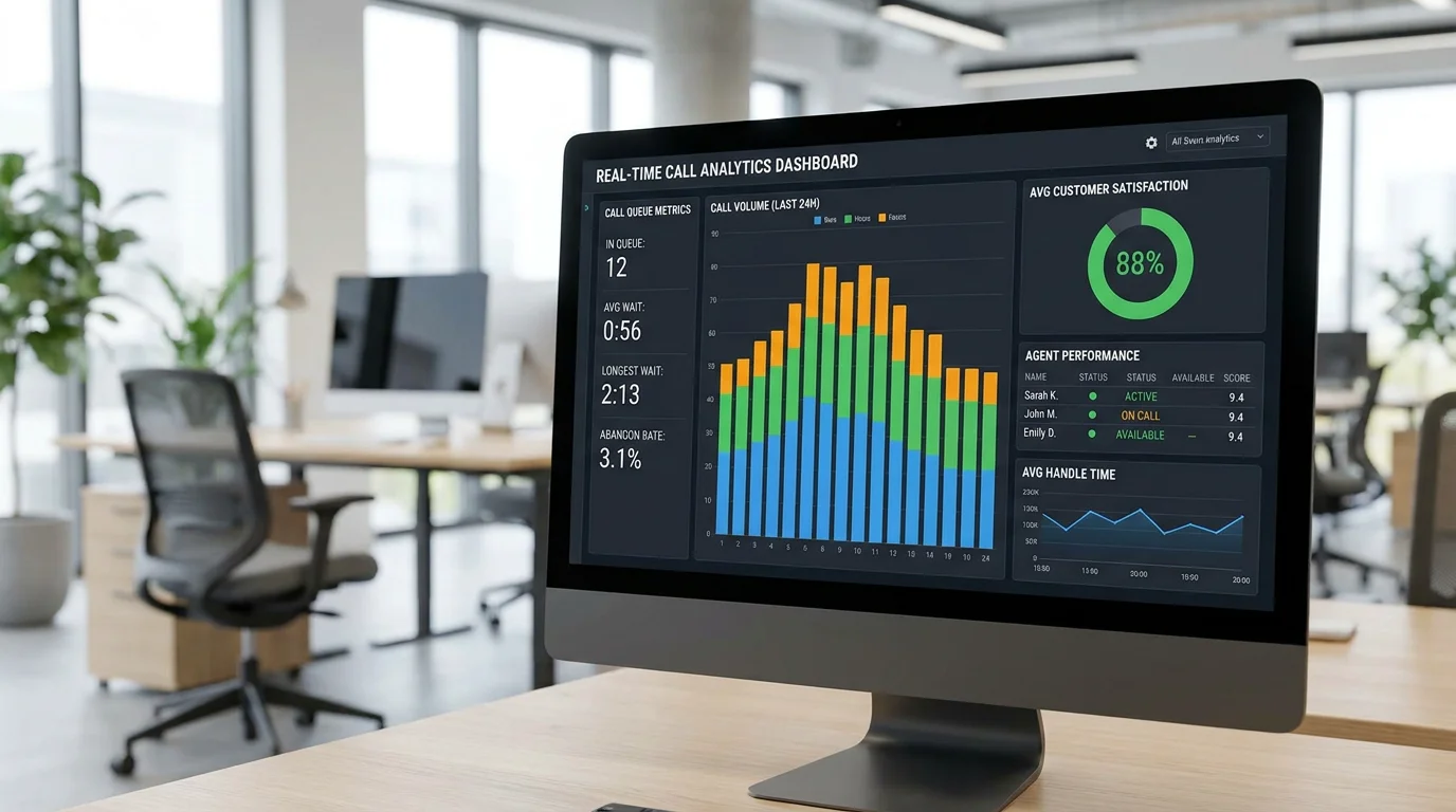 Real-time call center analytics dashboard showing performance metrics