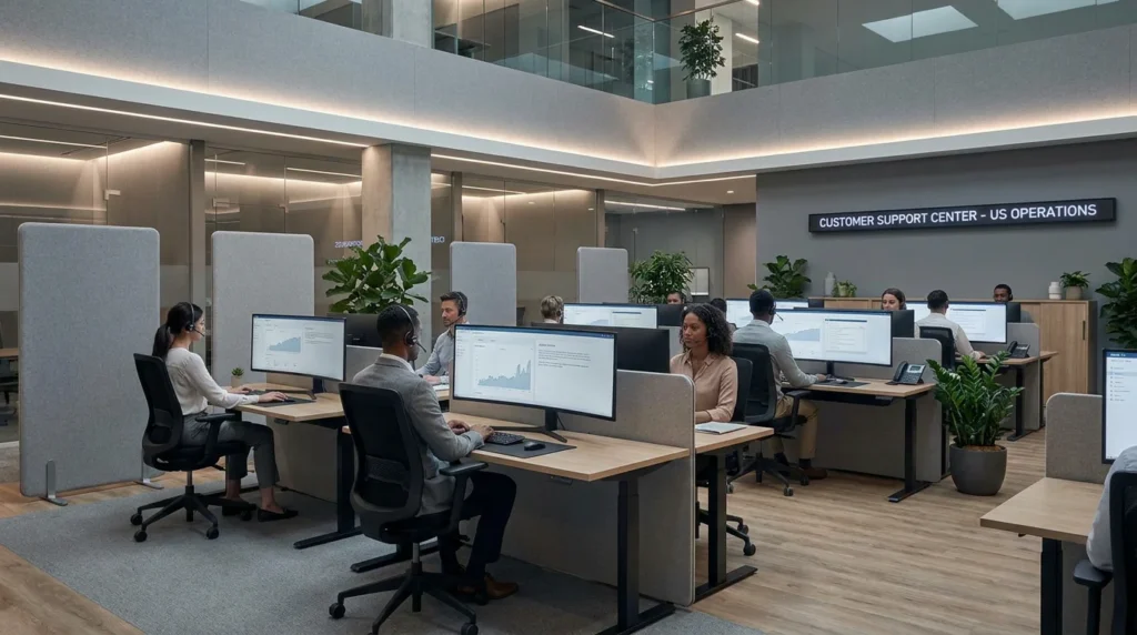 Professional modern call center with agents at workstations handling customer communications