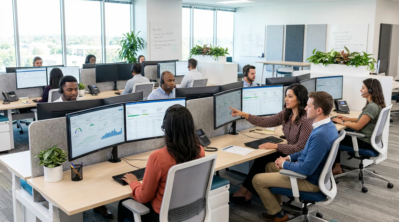 Modern cloud contact center workspace with agents using analytics dashboards