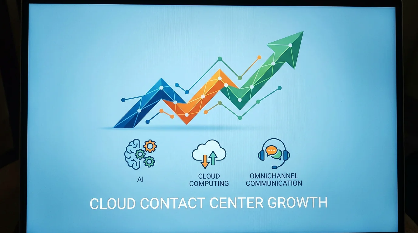Cloud contact center market growth illustration with AI and omnichannel icons