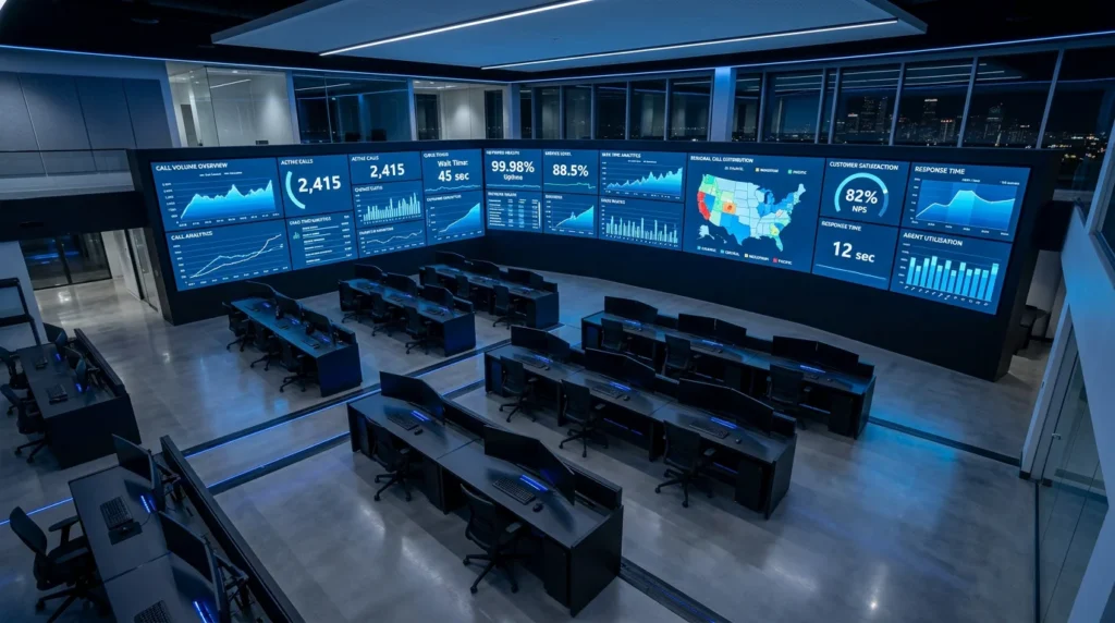 Modern cloud communications command center with real-time analytics dashboards and call metrics displays