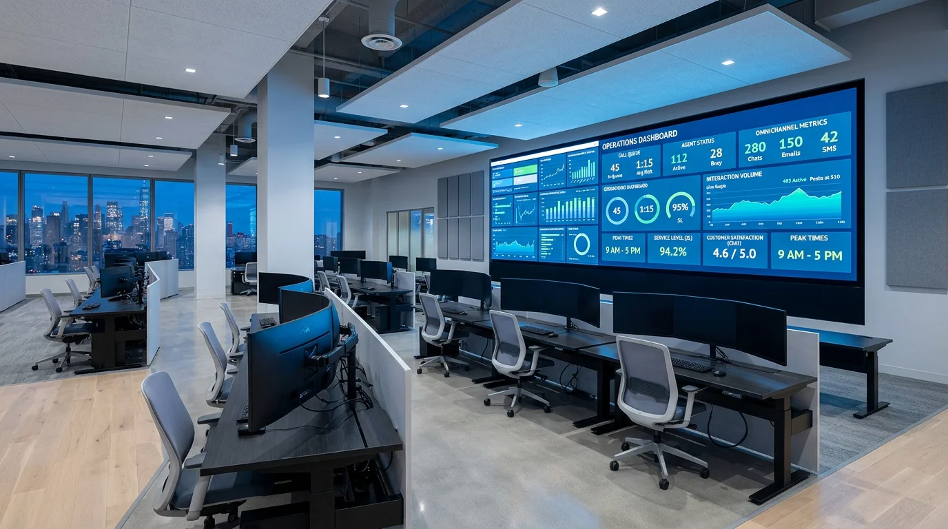 Modern contact center operations room with analytics dashboards and omnichannel data displays