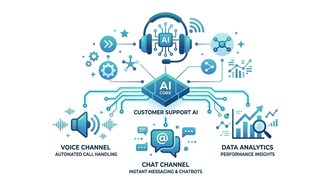 Flat design illustration of AI-powered contact center automation with voice and data channels