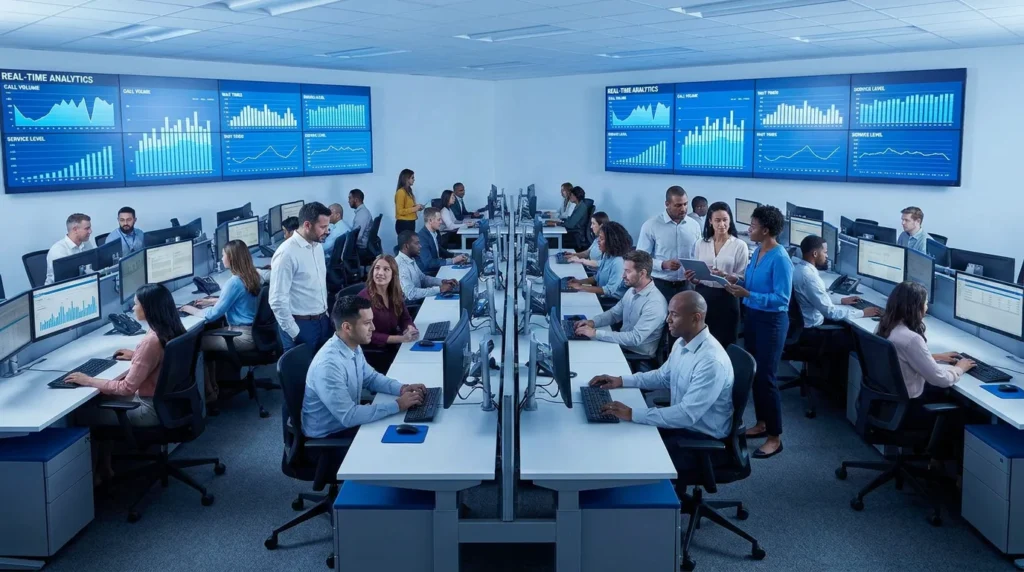 Professional cloud contact center operations floor with real-time analytics displays in a modern US office