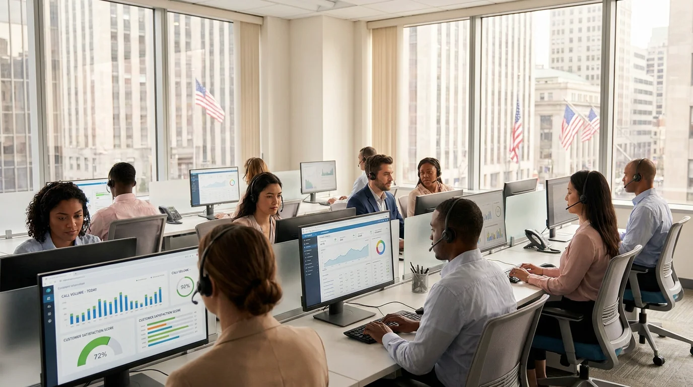 Modern cloud contact center team working in a US office with data dashboards on screens