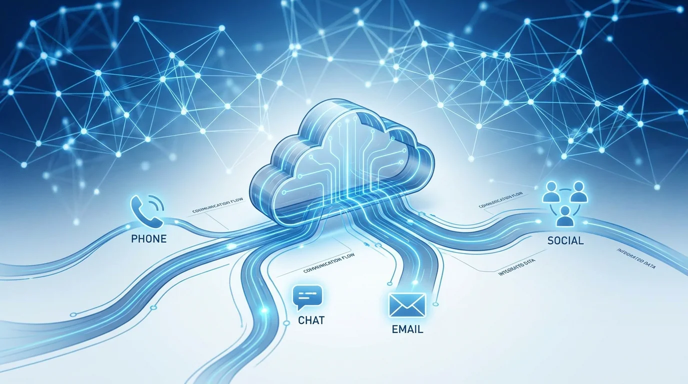 Illustration of omnichannel communication channels connecting to a cloud contact center with AI integration