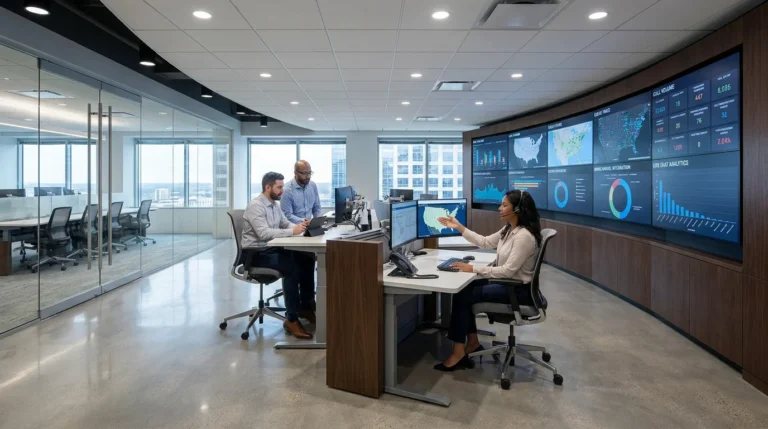 Modern cloud contact center command room with analytics dashboards in a US business environment