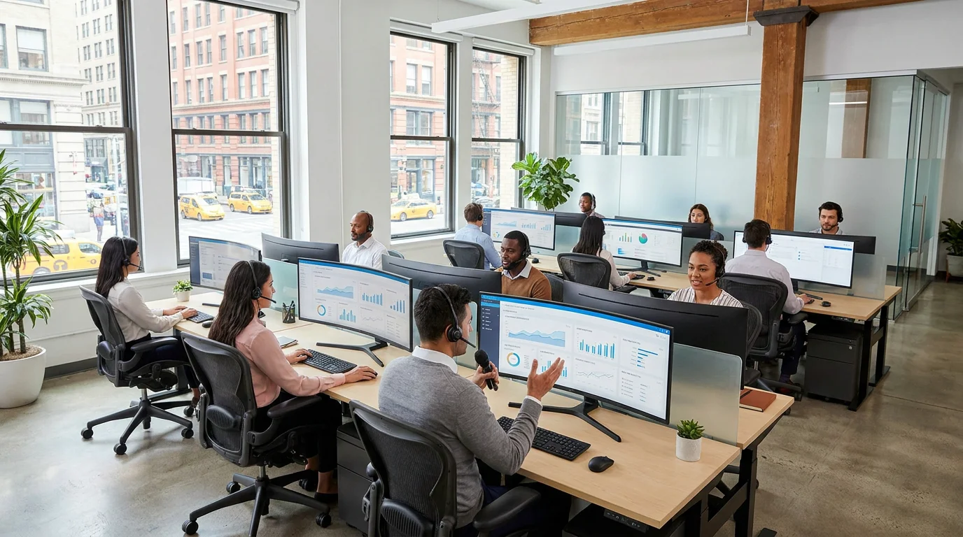 US contact center team using cloud platform dashboards in a modern office