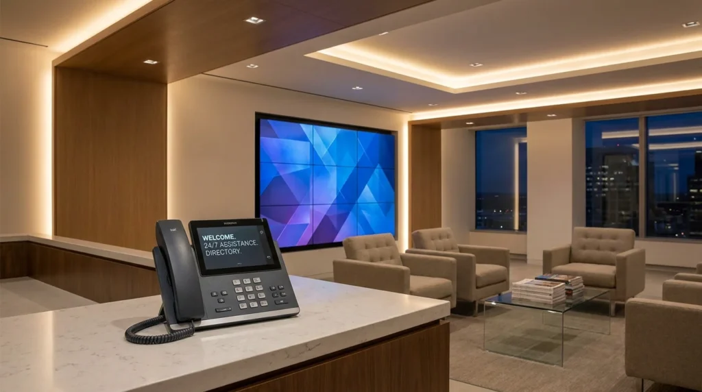 Modern corporate reception area with AI-powered phone system for 24/7 call handling