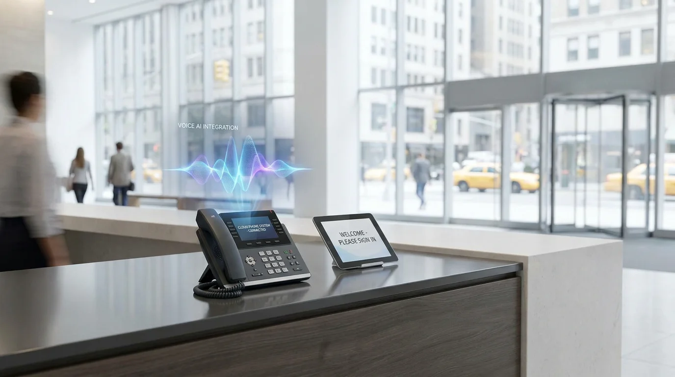 Modern office desk with cloud VoIP phone system for a small business