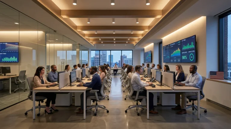 Modern cloud-based call center operations room with analytics displays and professional agents