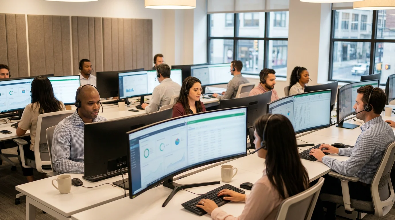 Customer service agents using cloud-based call center software in a modern US office
