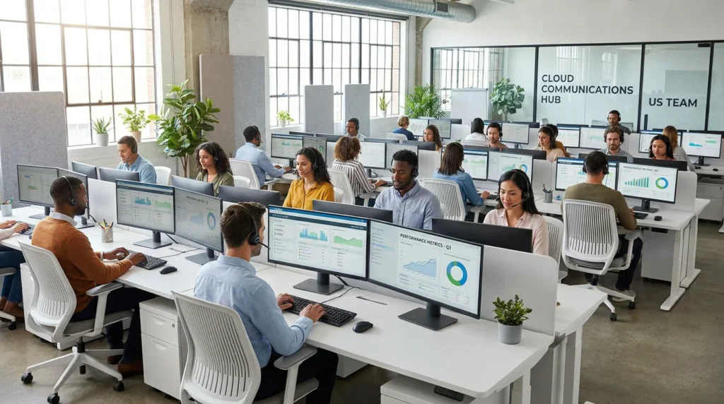 Modern inbound call center workspace with agents using cloud-based software on desktop monitors