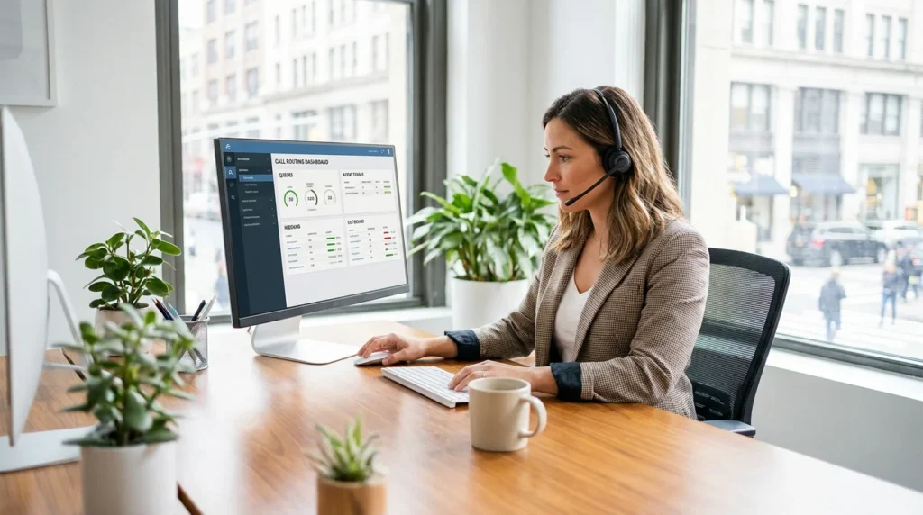 Customer support agent using inbound call center software on a modern desktop dashboard