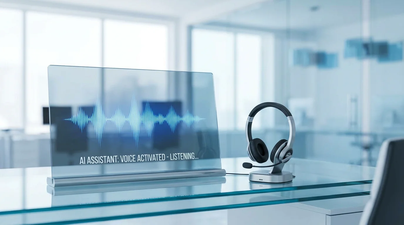 AI-powered voice assistant waveform displayed on a monitor in a modern call center environment