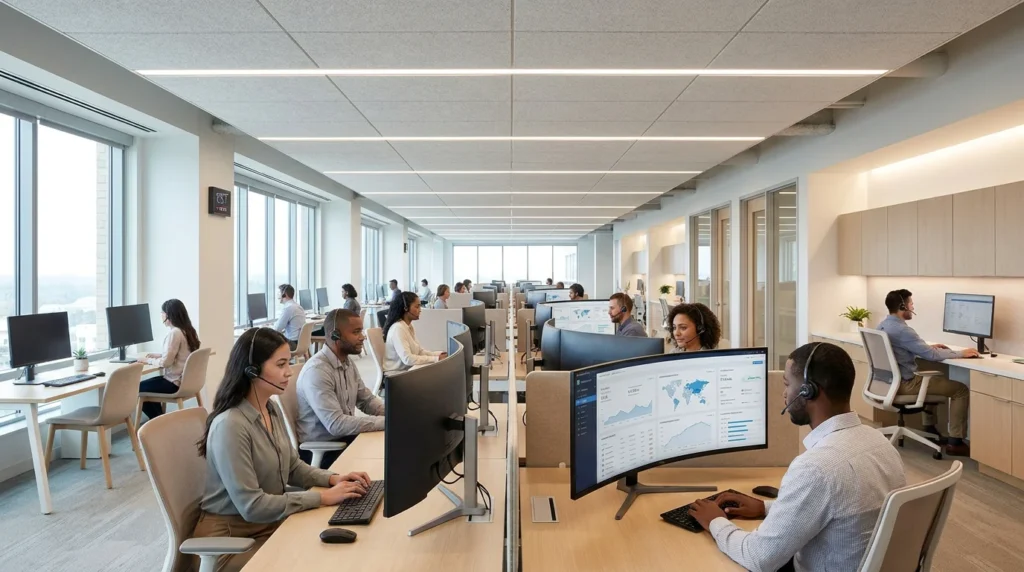 Modern cloud contact center operations floor with agents using headsets and data dashboards
