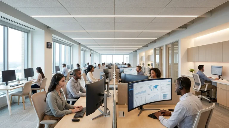 Modern cloud contact center operations floor with agents using headsets and data dashboards