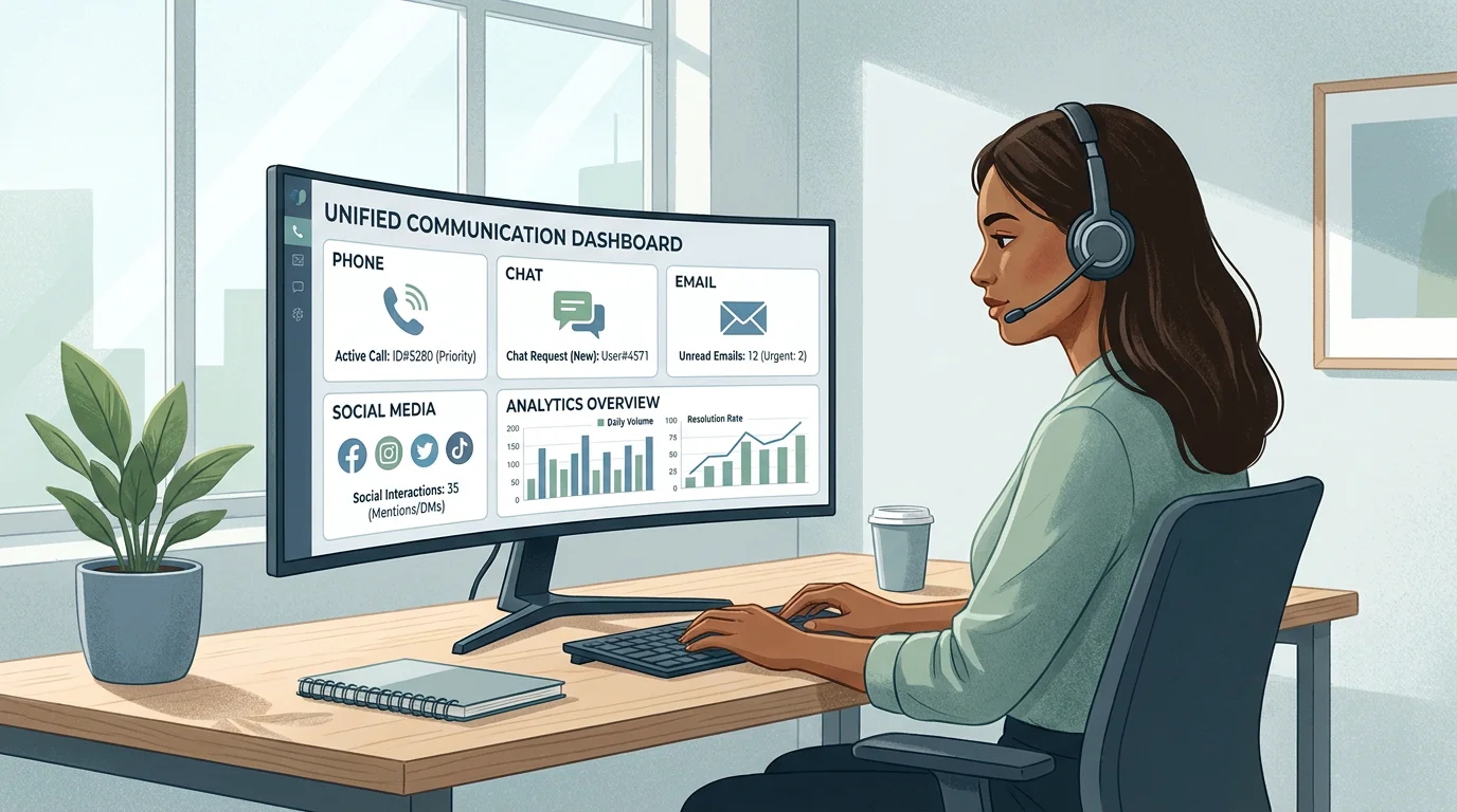 Customer service agent using a cloud contact center dashboard with omnichannel communication icons