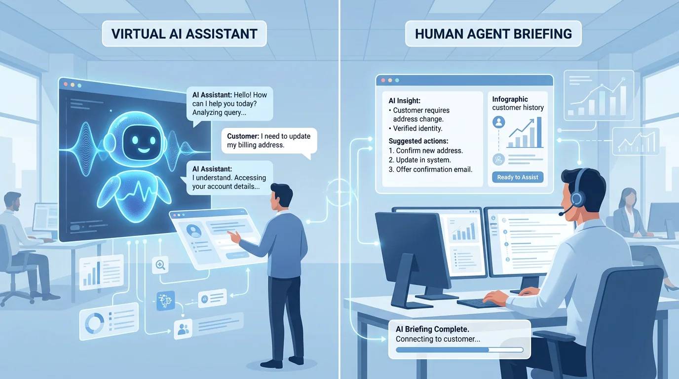 AI-powered virtual assistant and human agent working together in a cloud contact center