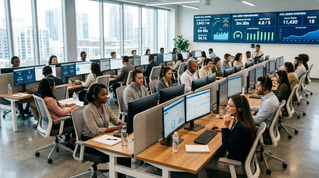Modern cloud contact center with agents and analytics dashboards