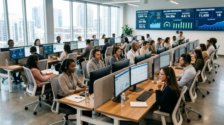 Modern cloud contact center with agents and analytics dashboards