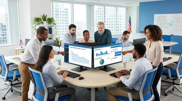 Customer service team using cloud contact center technology in a modern US office