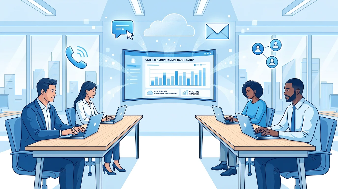 Illustration of a cloud contact center unifying phone, chat, email, and social media channels into one dashboard
