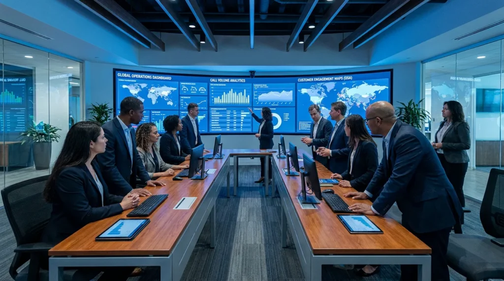 Modern contact center command room with real-time analytics dashboards and professional team reviewing data