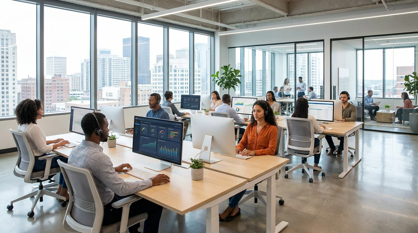 Customer service agents working in a modern US office with cloud contact center dashboards on screens