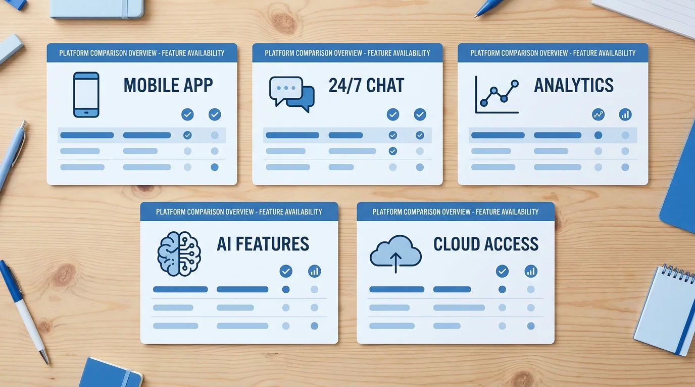 Flat-lay illustration comparing key features across contact center platforms