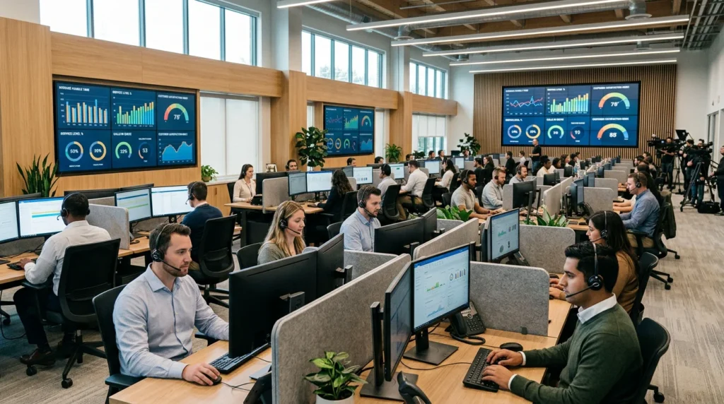 Modern US contact center with agents handling distributed calls